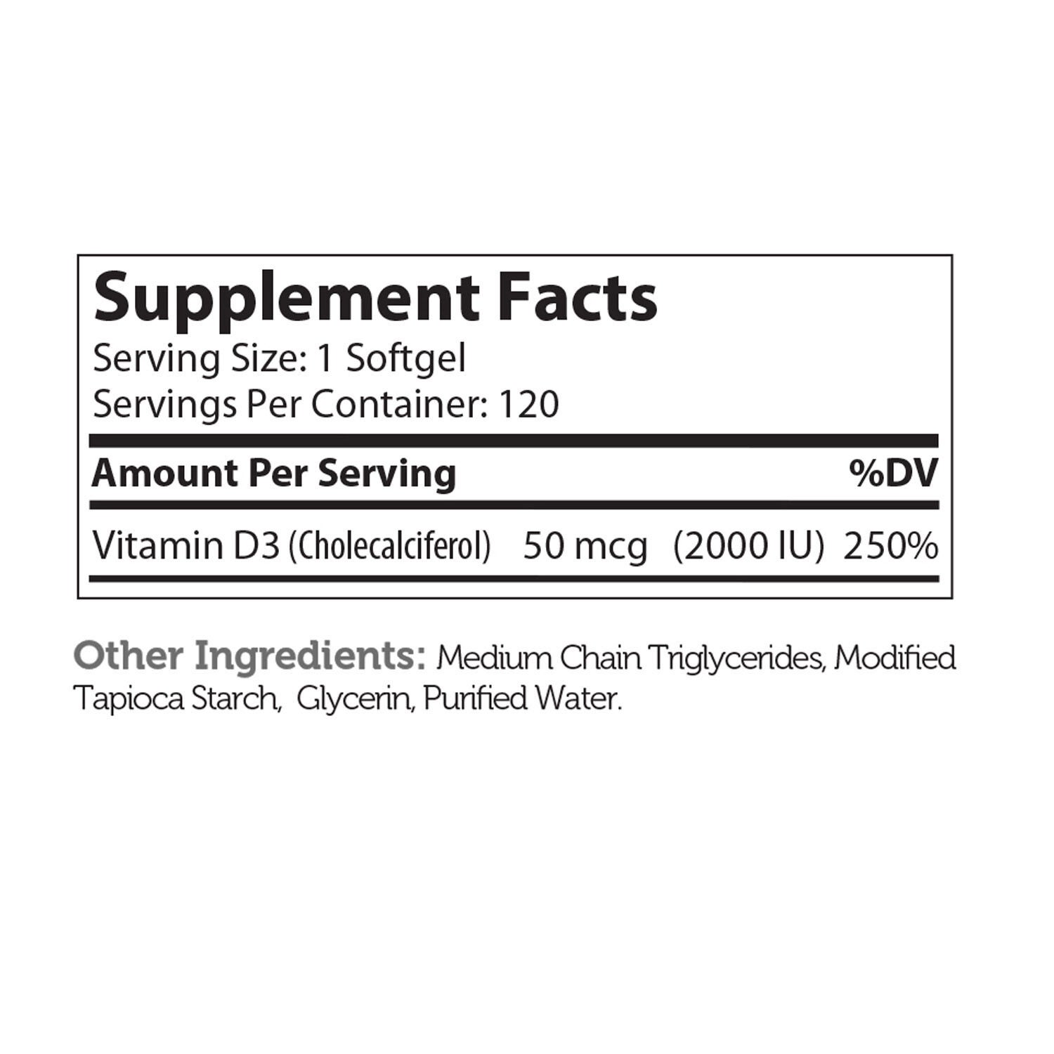 Vitamin D3 2000 IU - 120 Softgels (120 Servings)